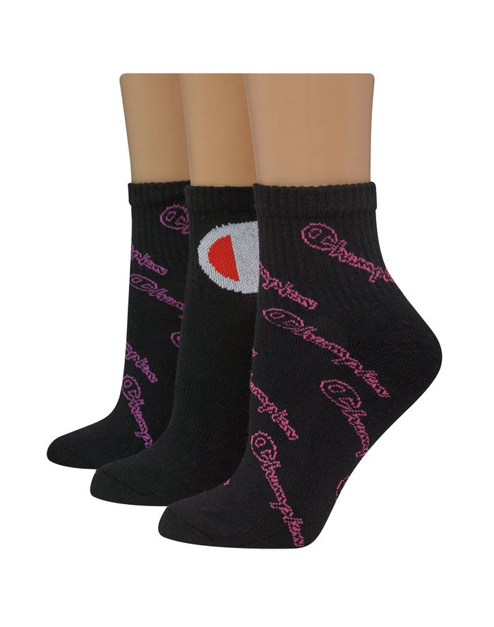 Champion Womens Socks NZ - Ankle Script Logo 3-Pairs Black ( 1270-LMNHY )